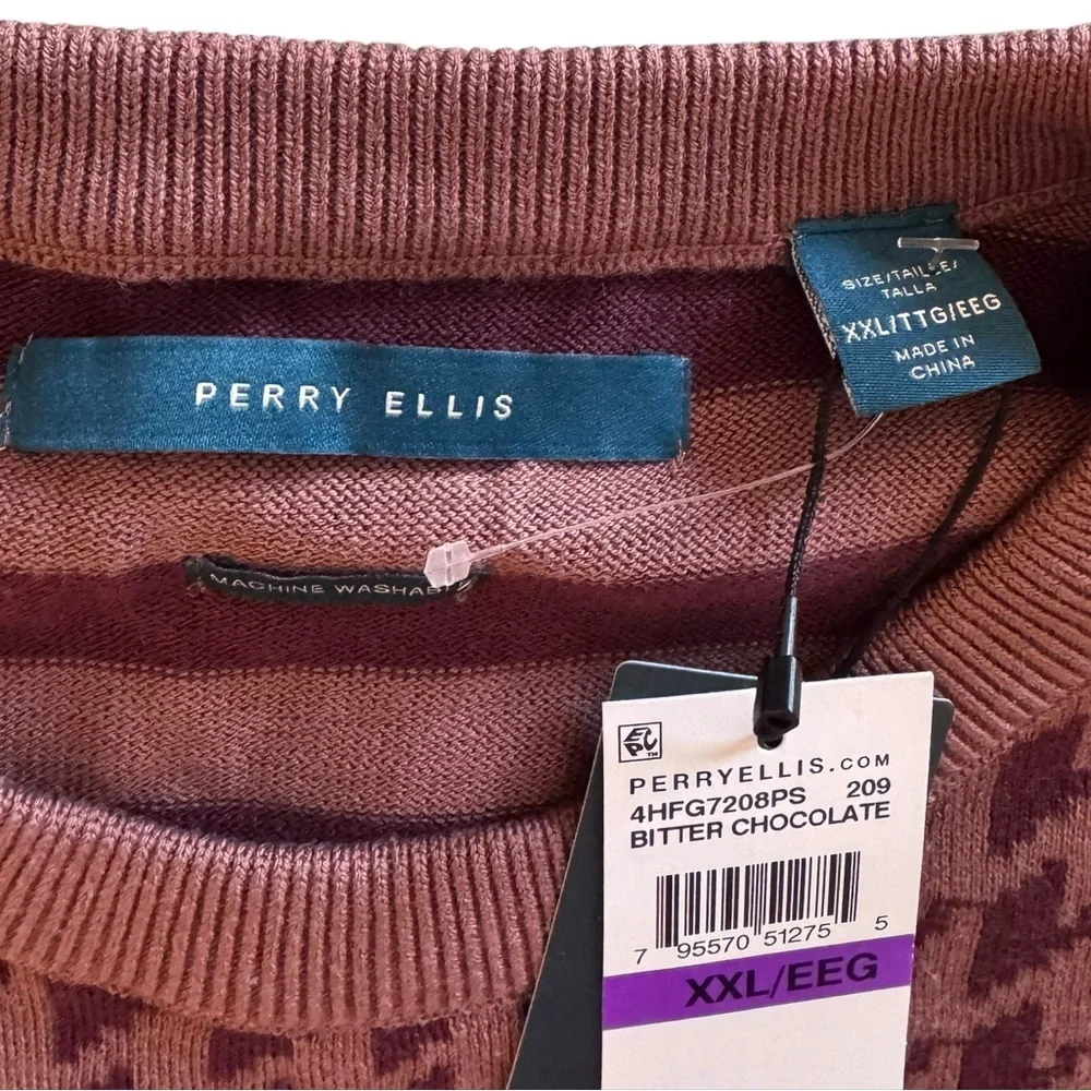 NWT Perry Ellis Men's Houndstooth Crewneck Sweater - Brown/Maroon - Picture 3 of 5